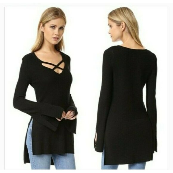 Free People Black Criss Cross Front Sweater Size S Hi Lo Hem Slit Sleeve Cuffs - Picture 1 of 12
